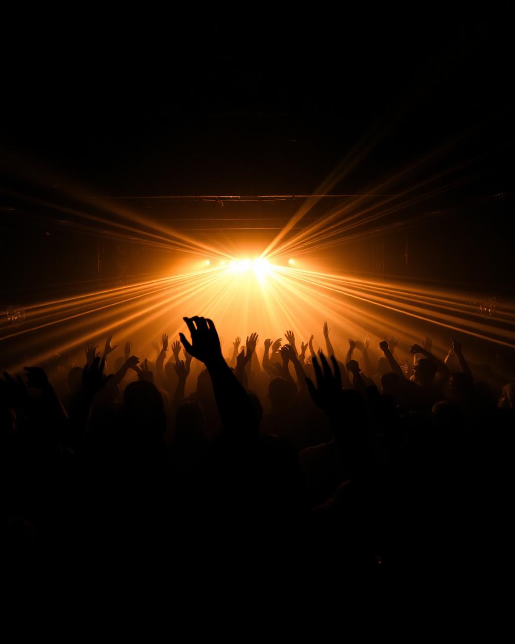 Crowd silhouettes with hands raised under amber stage lights