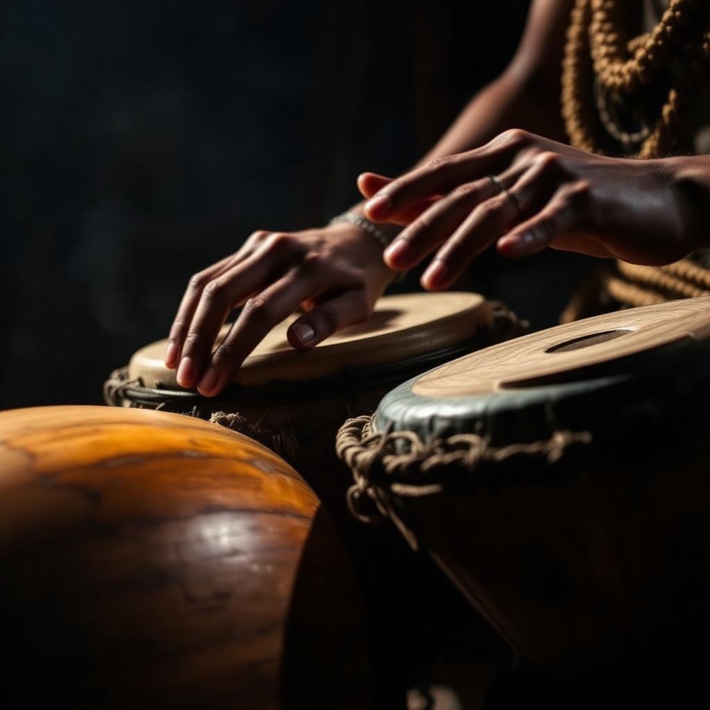Hands playing tribal percussion drums
