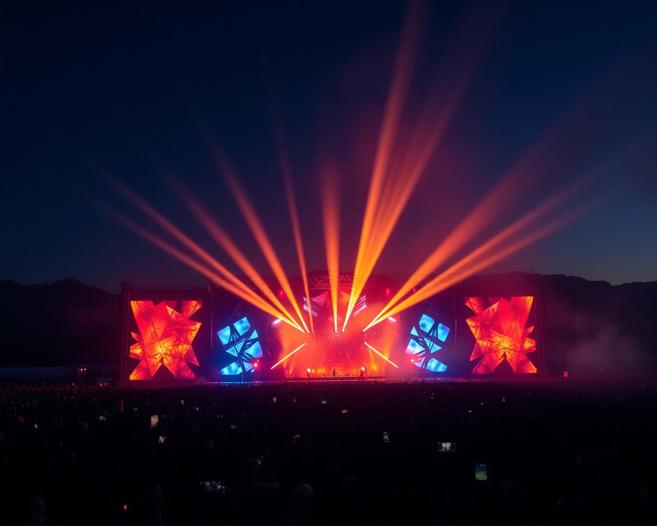 Festival stage at night with light beams piercing fog