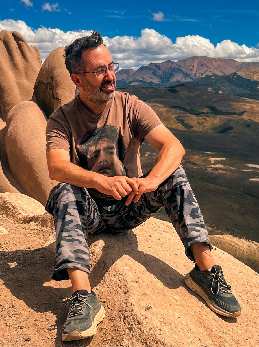 Yoel sitting on a rock in the Andes mountains