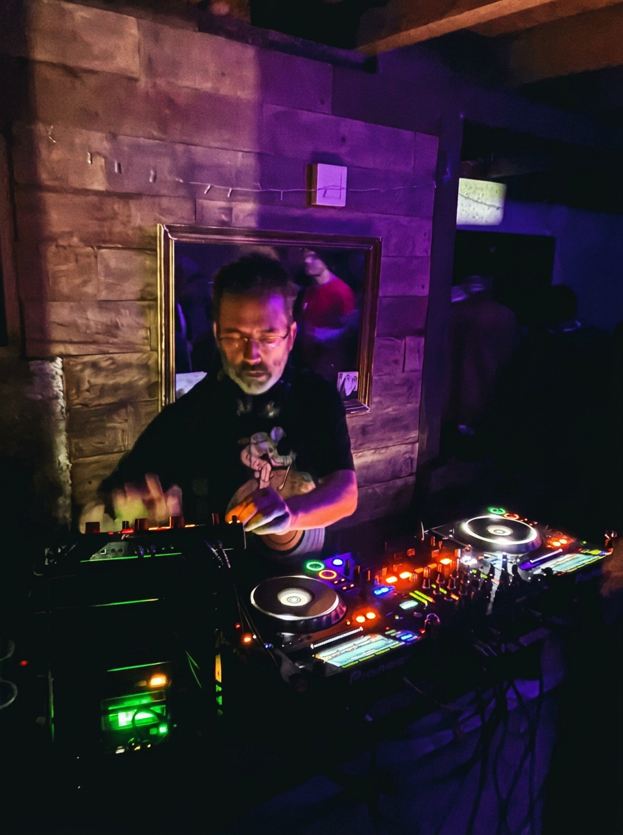 Yoel in an underground club bathed in purple light