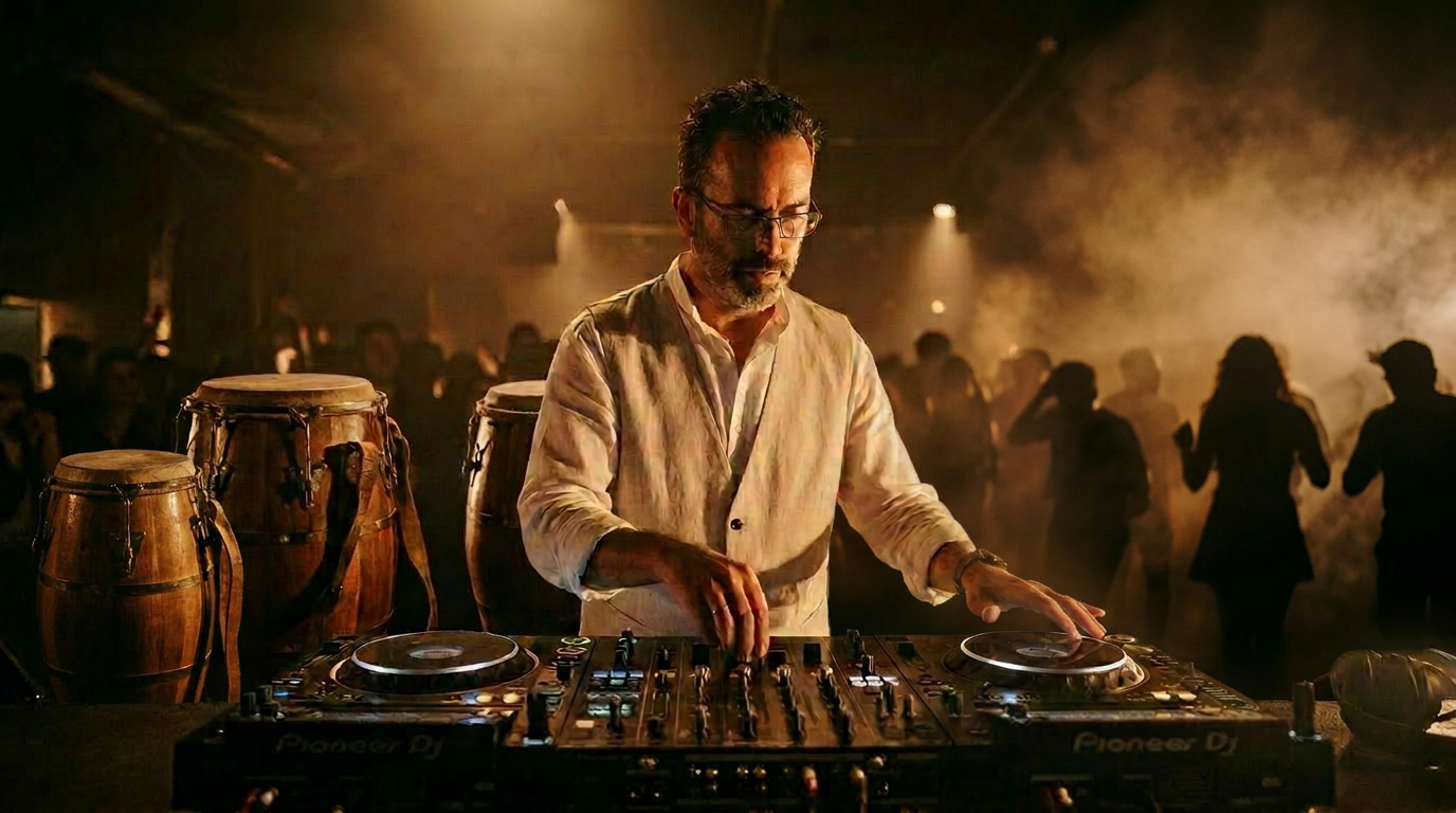 Yoel performing under cinematic lights with Andean mountain silhouettes